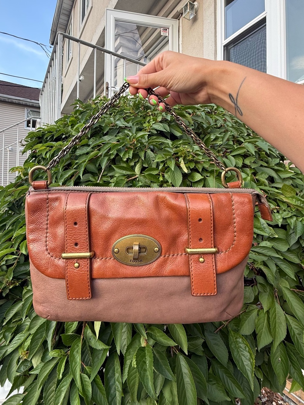 Vintage Y2K Fossil Colorblock Leather Chain Shoulder Bag Satchel Purse Tan Brown